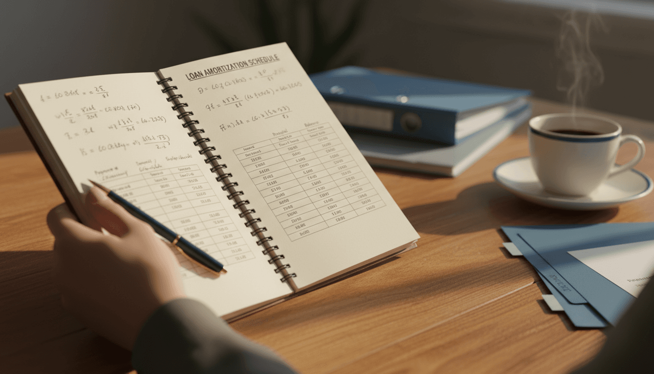 Close-up of hands reviewing loan documents and notes at a wooden desk with natural light