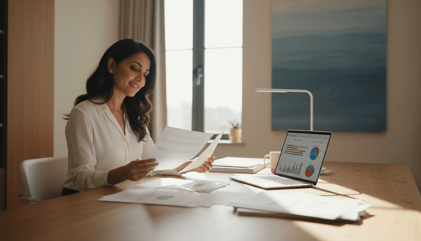 Professional woman reviewing federal student loan documents at her desk in a bright home office