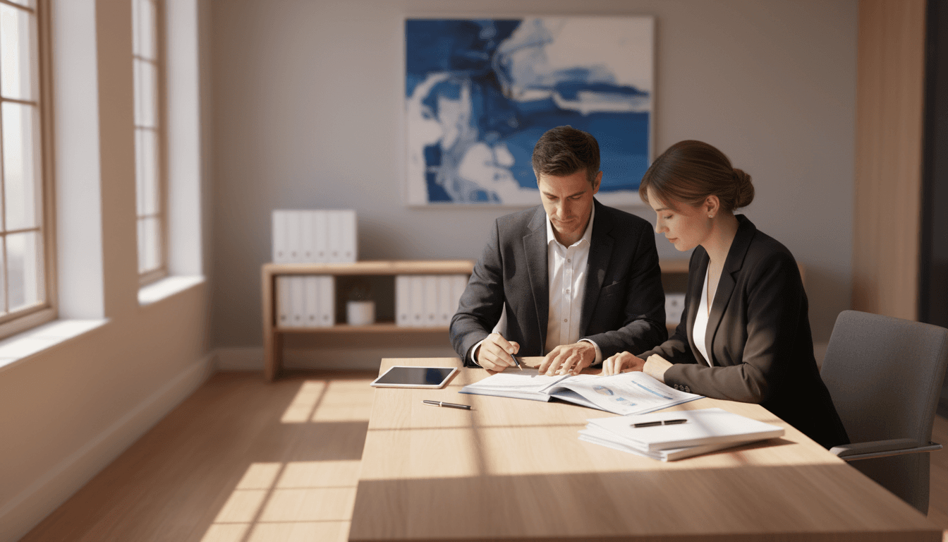 Financial consultant reviewing student loan documents with a client during a consultation meeting